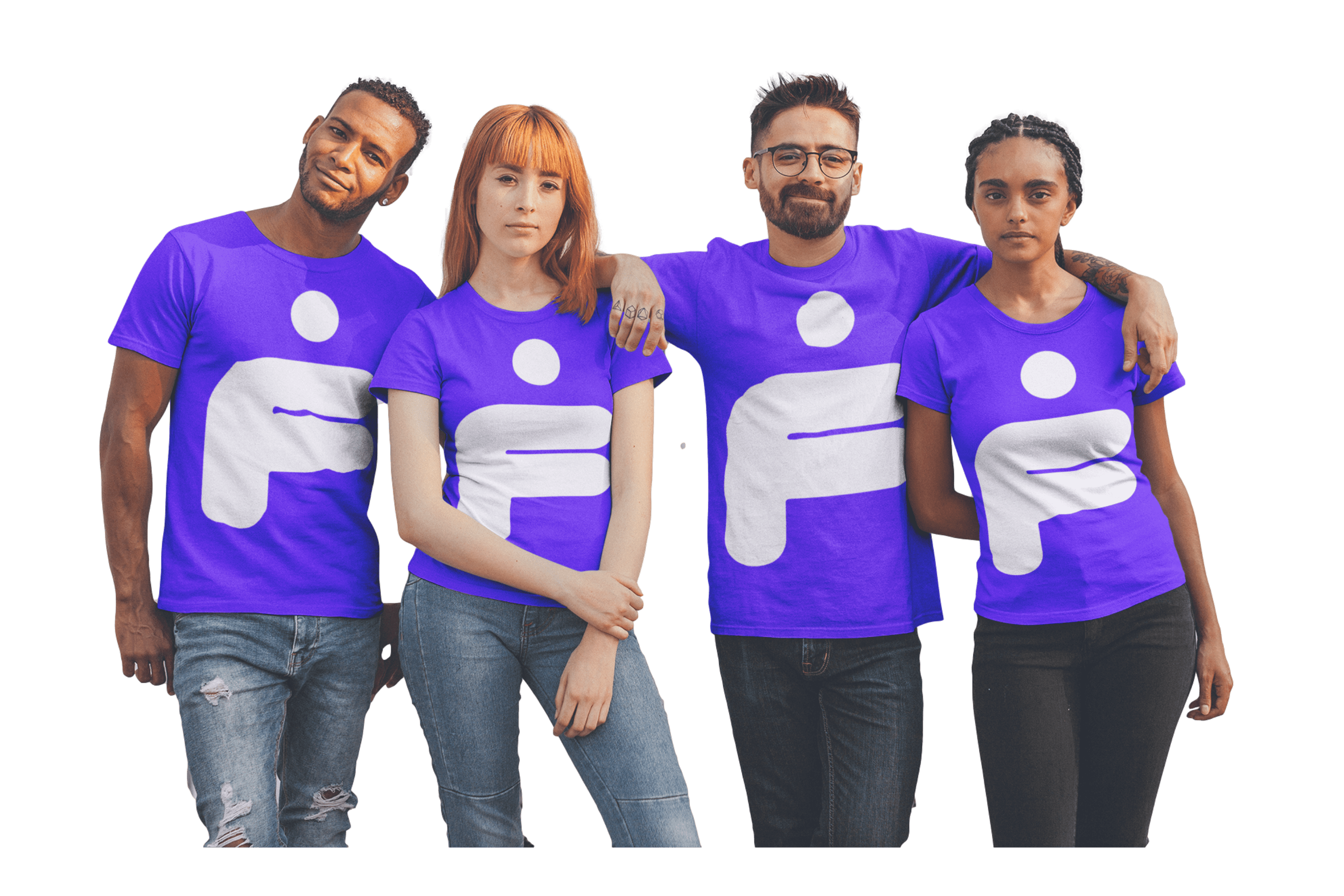 Group of friends wearing FreeMii t-shirts.